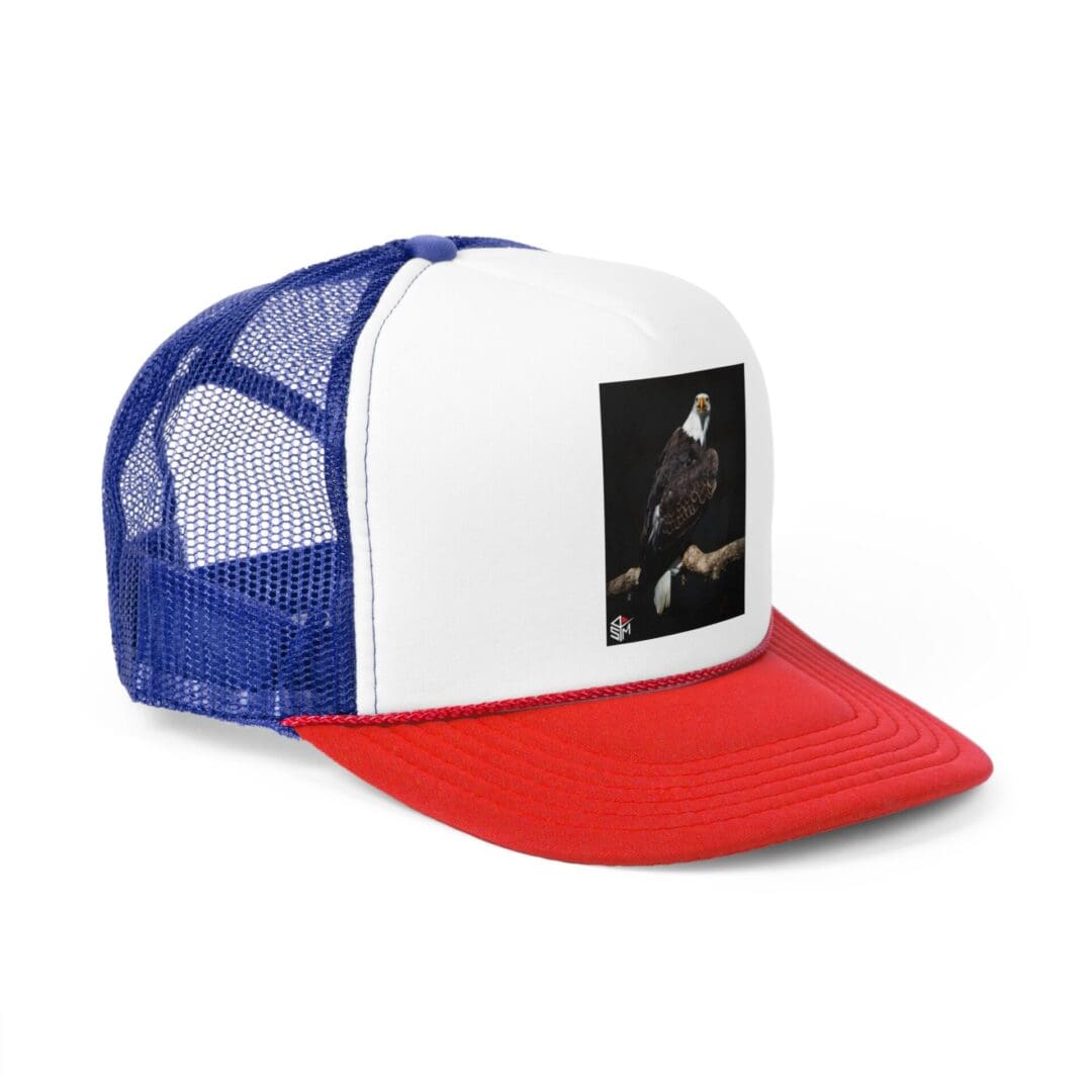 Tricolor mesh trucker hat with a black-and-white photo patch.