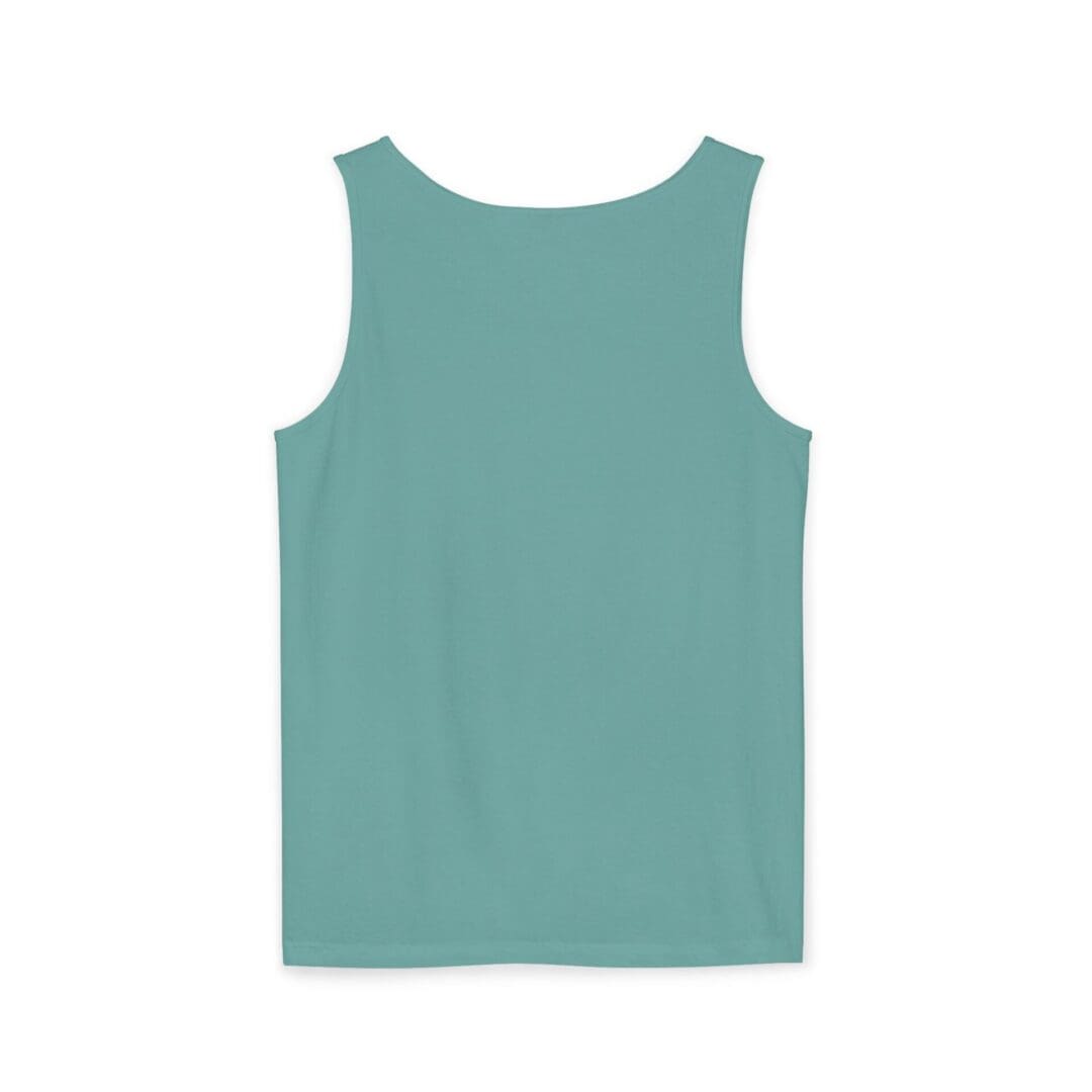 Simple sleeveless teal tank top with a round neckline.