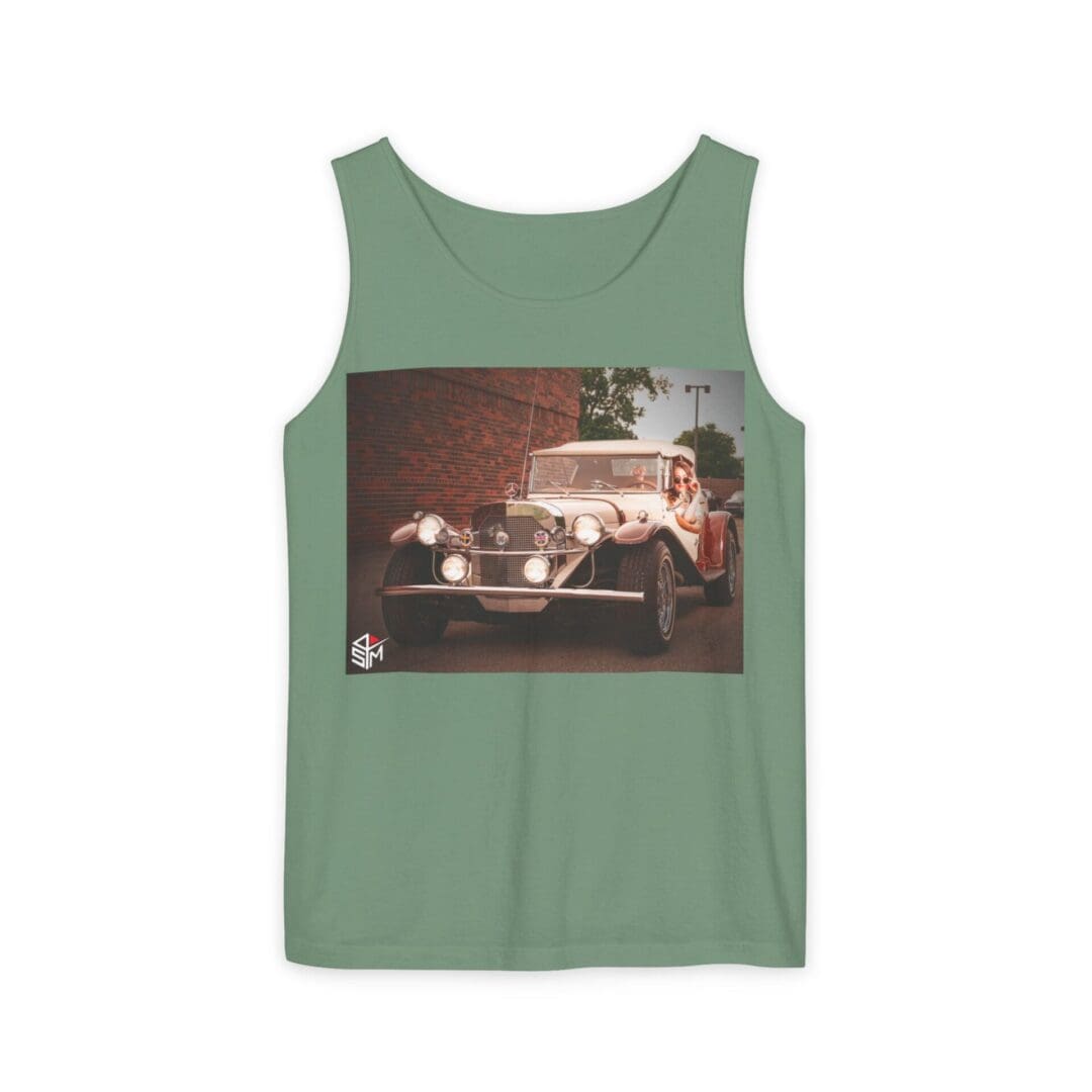 Green tank top with vintage car graphic on the front.