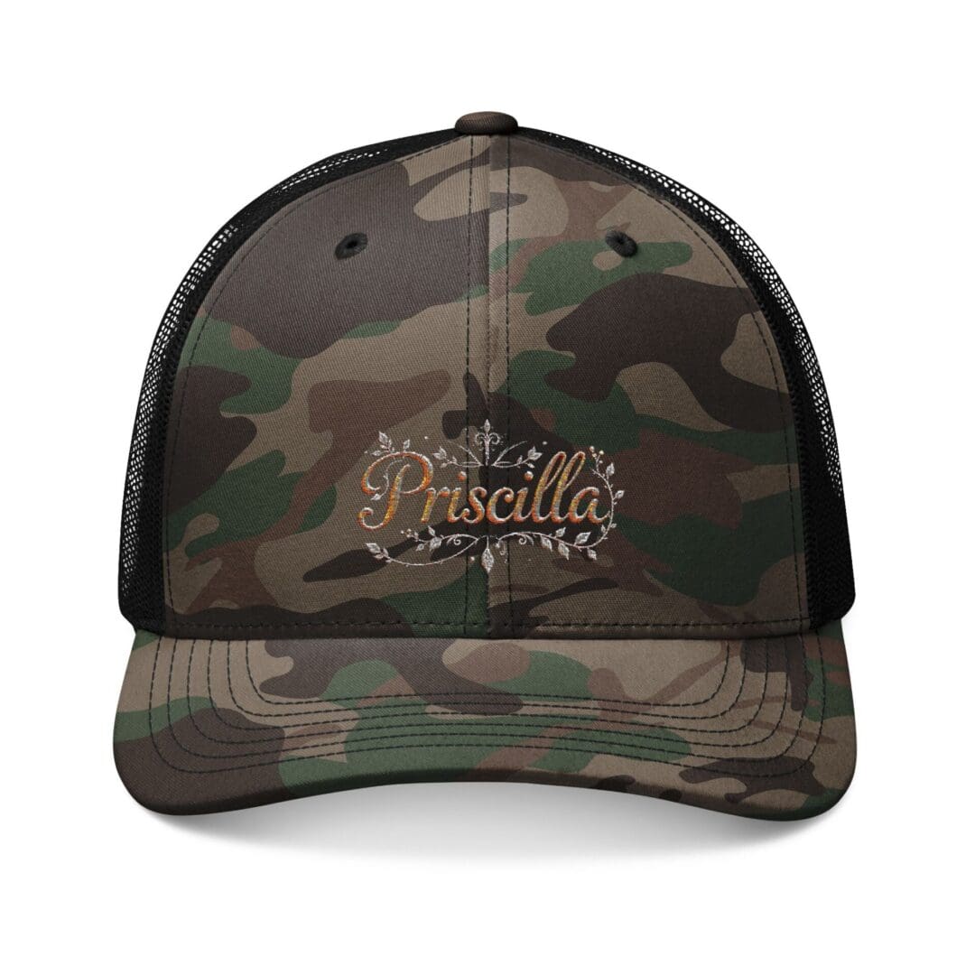 Camo baseball cap with embroidered "Priscilla" lettering.