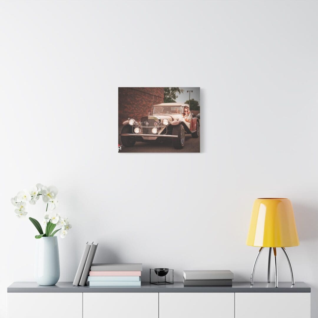 Modern living room with art and decor.