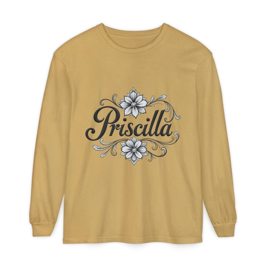 Beige long-sleeve shirt with floral and 'Priscilla' text design.