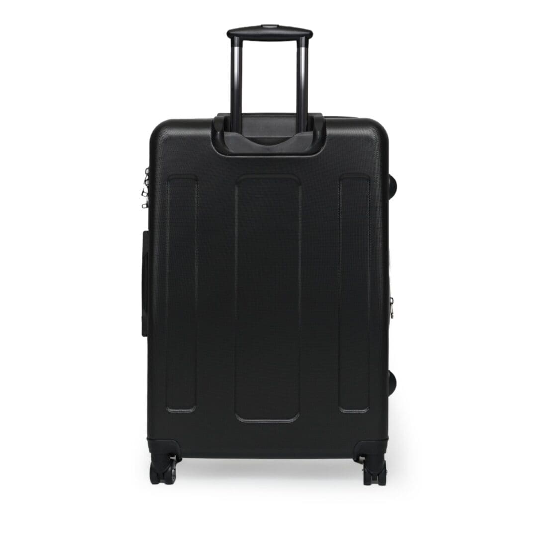 Black hard-shell suitcase with a retractable handle and wheels.