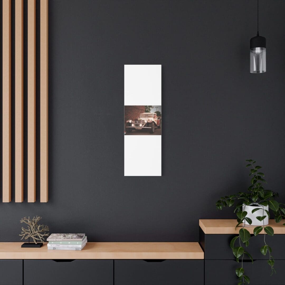 Minimalist interior with black wall, wooden accents, and modern decor.