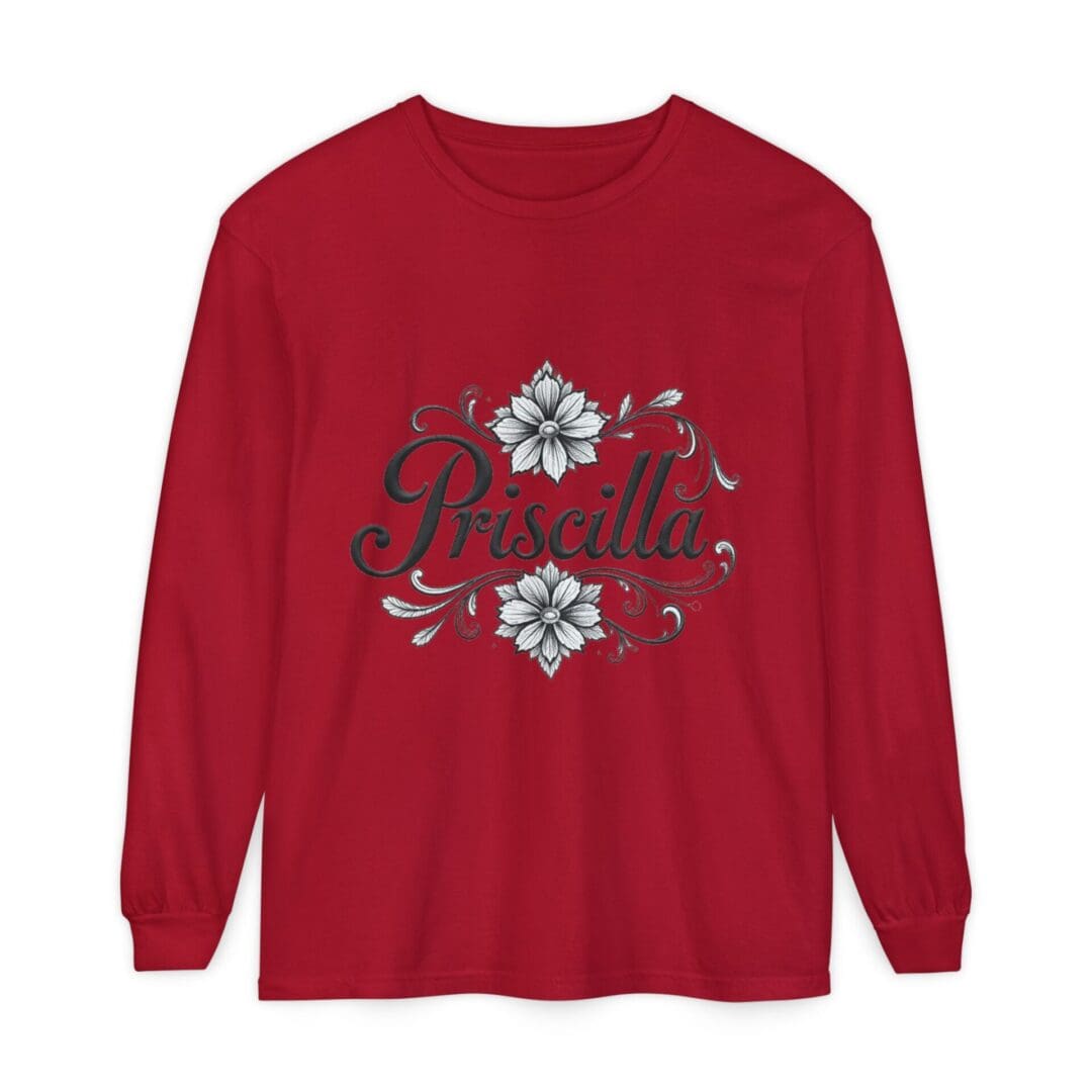 Red long-sleeve shirt with snowflake and floral design.