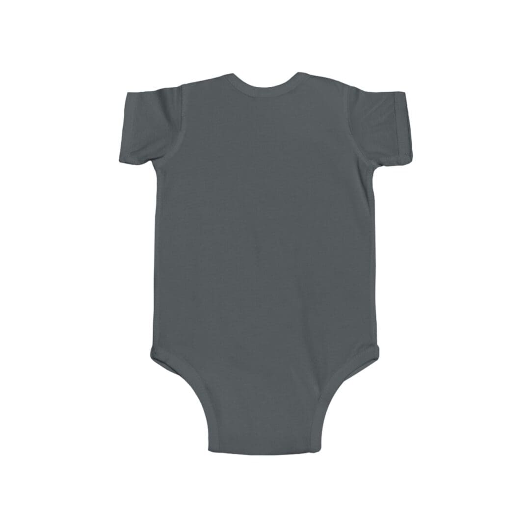 A plain dark gray baby onesie with short sleeves.