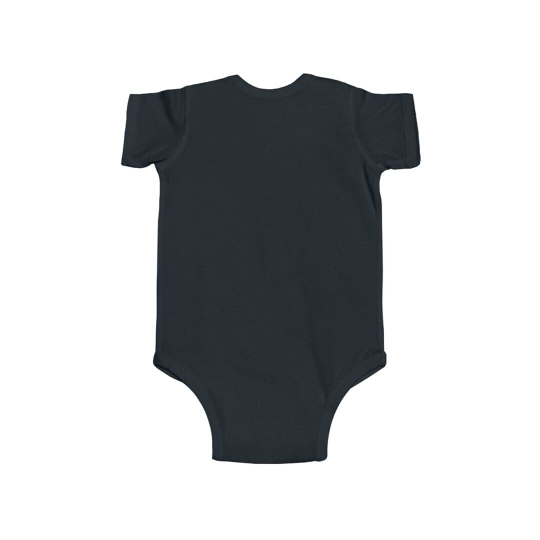 Plain black baby onesie with short sleeves.