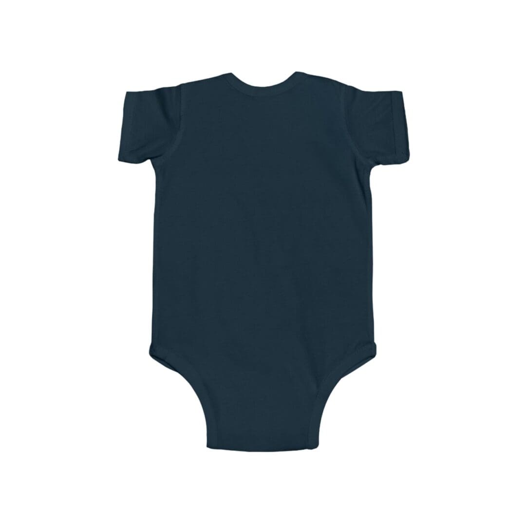A simple dark blue baby onesie with short sleeves.