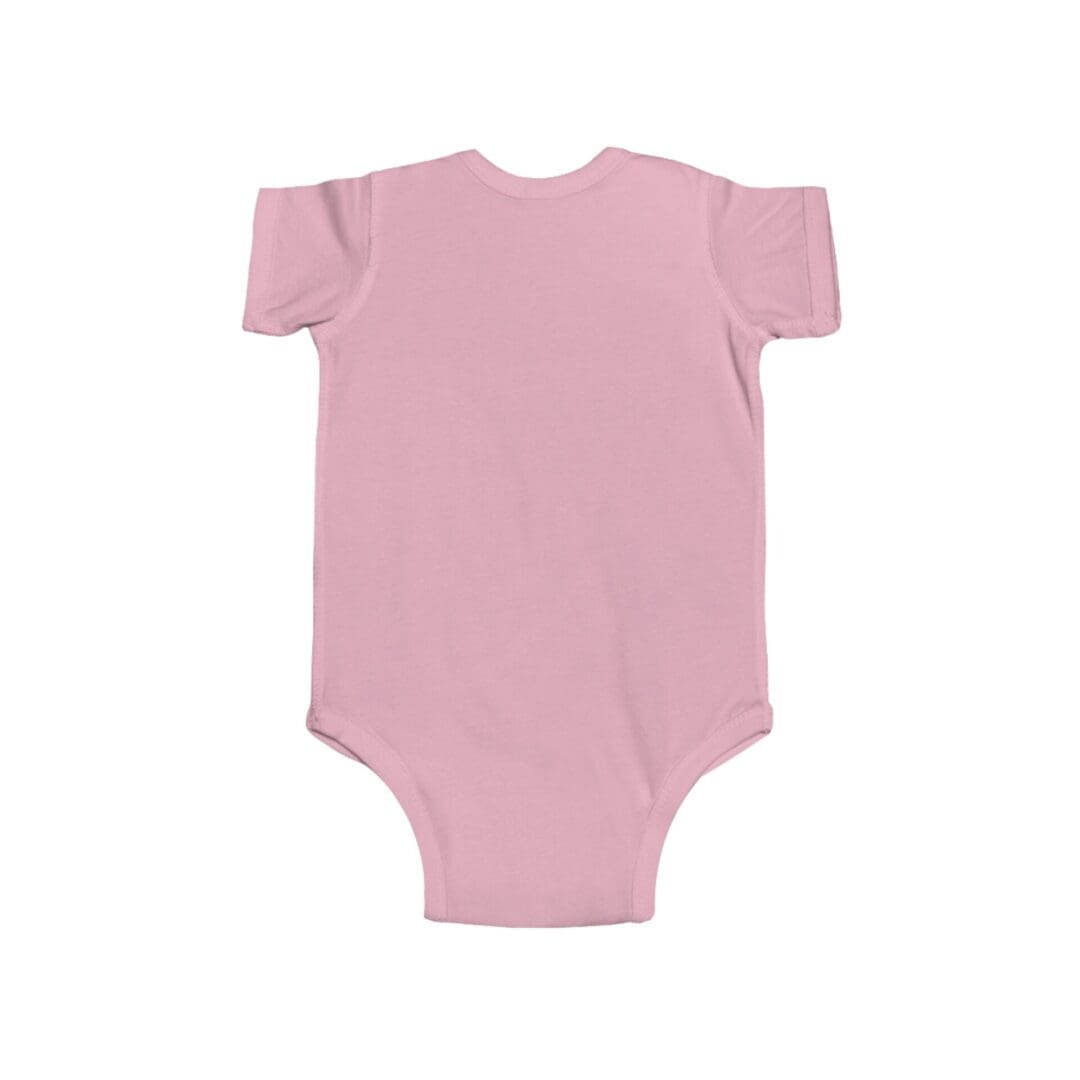 A plain pink baby onesie with short sleeves.