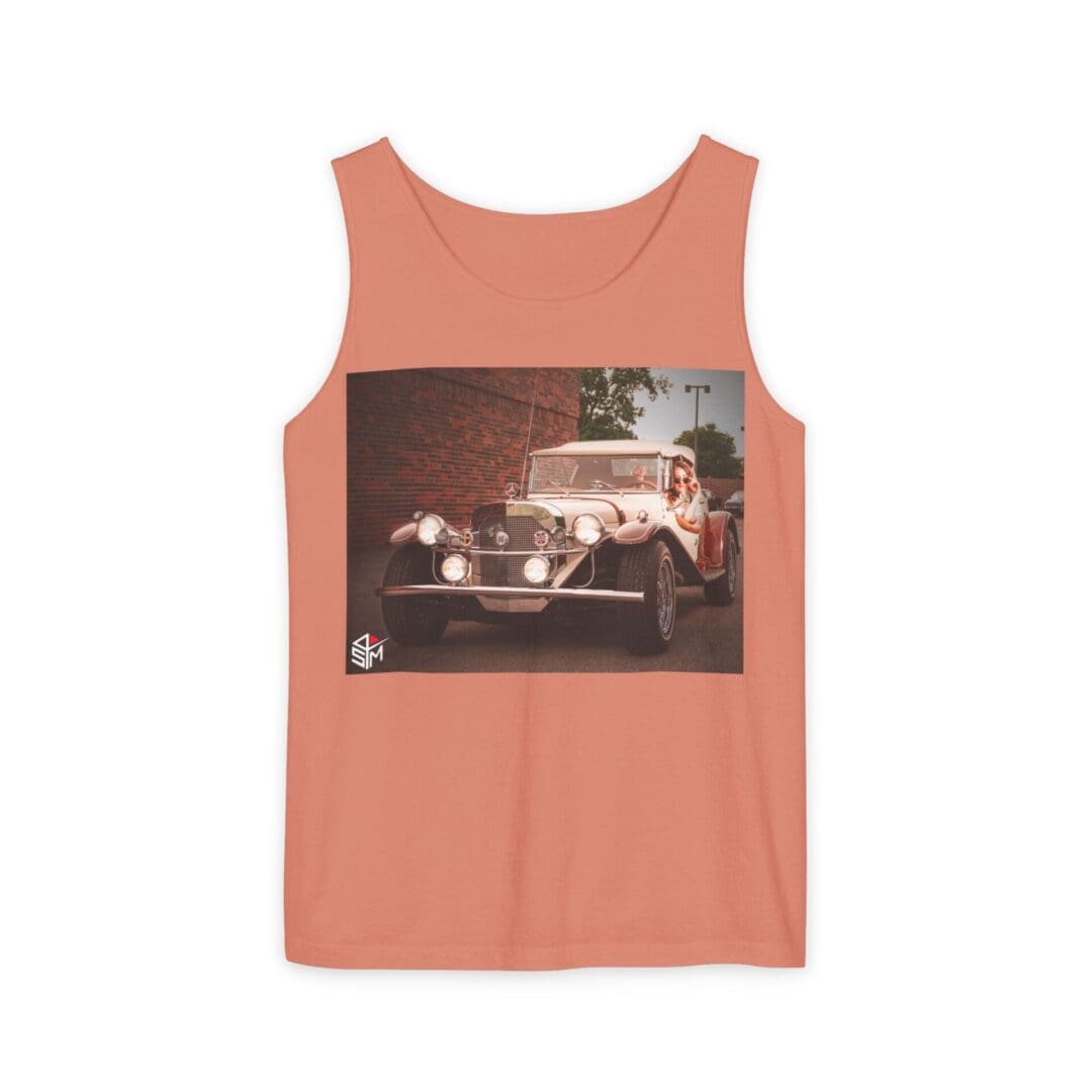 Rust-colored tank top with a vintage car photo printed on front.