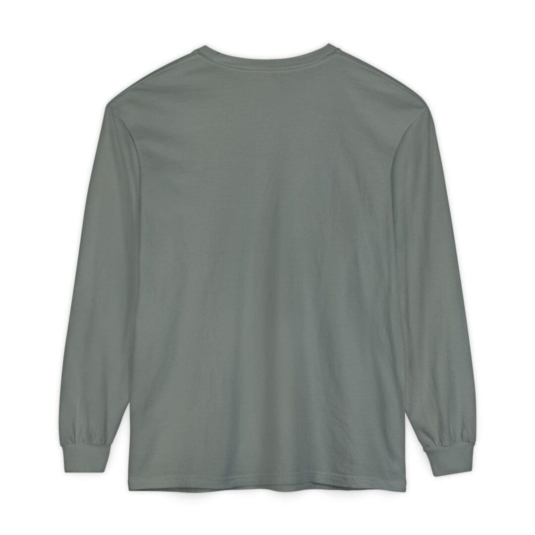 A plain gray long-sleeve shirt with a round neckline.