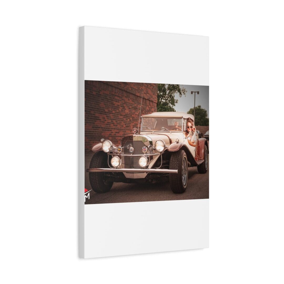 Vintage car parked near a brick wall with greenery.
