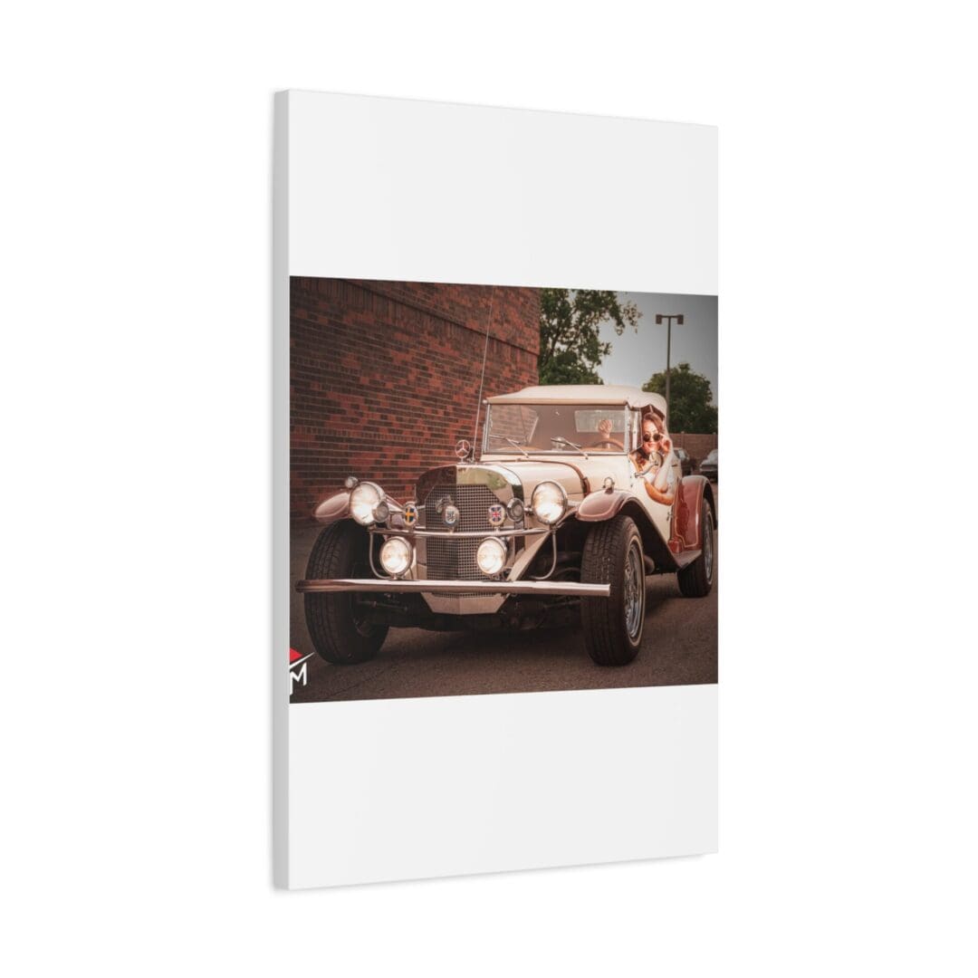 Vintage car parked against a brick wall with greenery above.