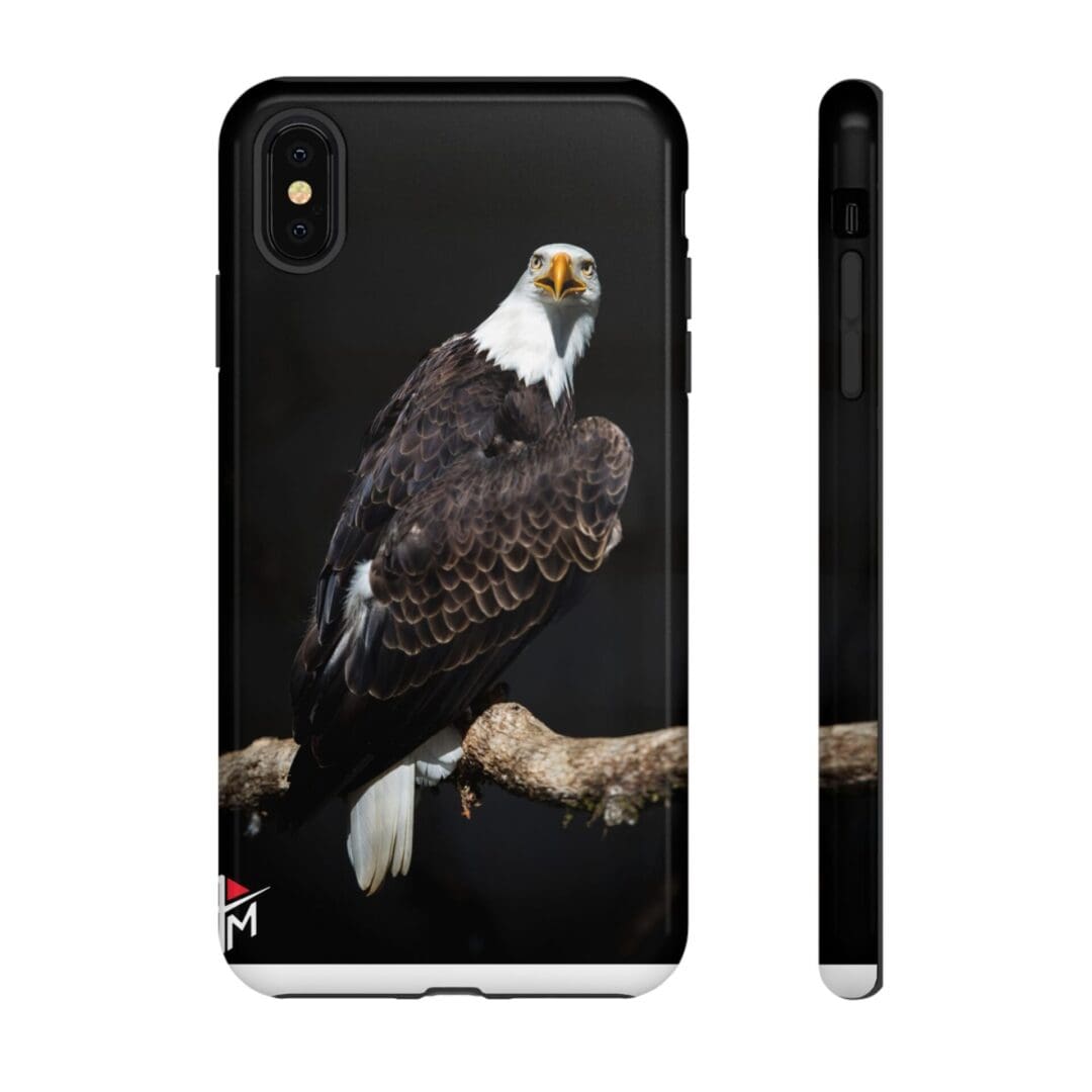 Phone case featuring a detailed bald eagle perched on a branch.