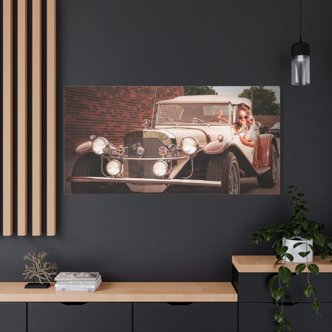 Vintage car artwork on a modern office wall.