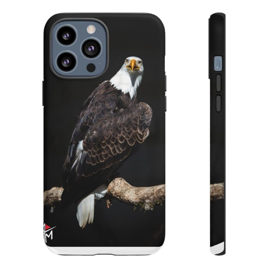 Phone case featuring a realistic bald eagle perched on a branch.