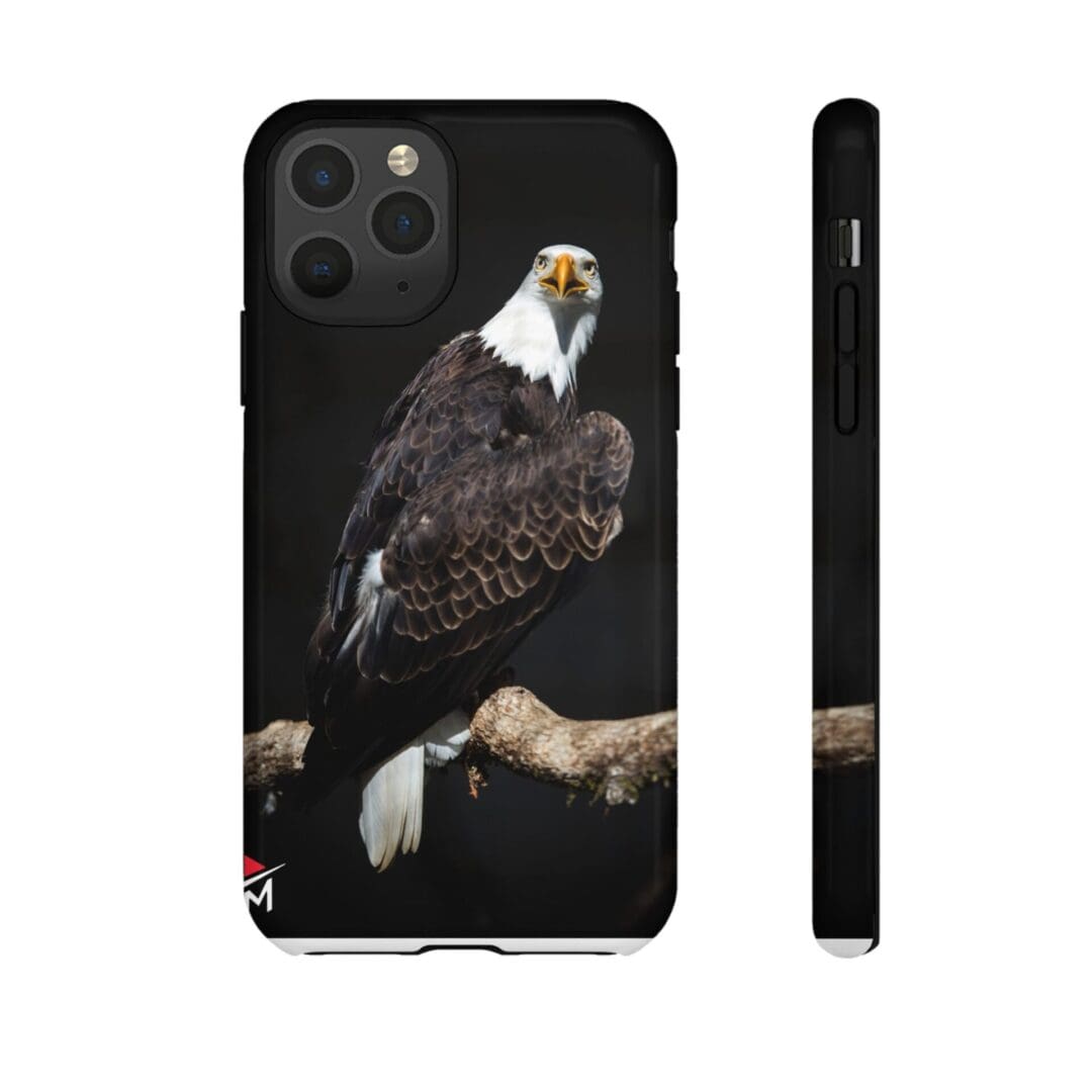Phone case with a bald eagle perched on a branch against a black background.