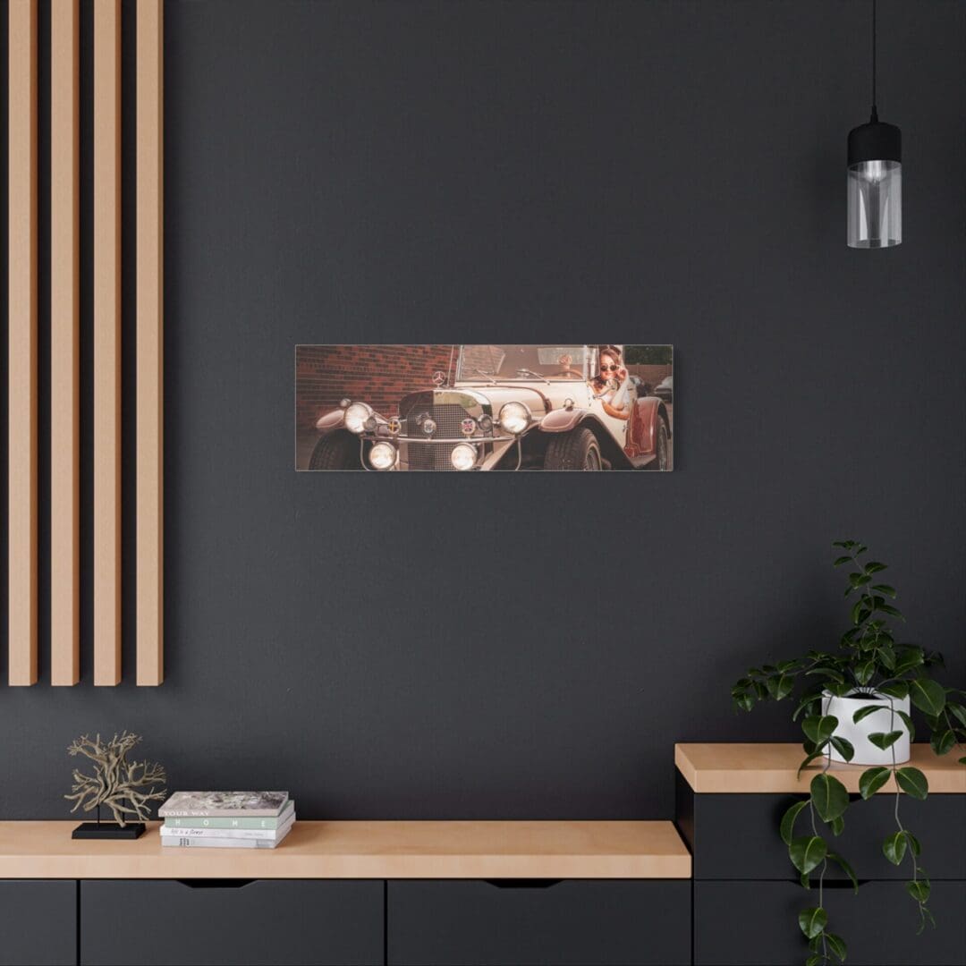 Modern kitchen corner with dark walls and wooden accents.