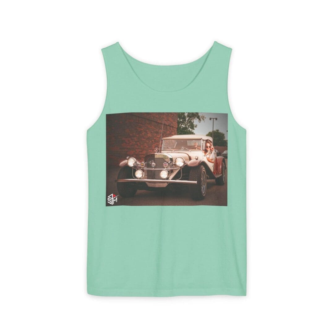 Mint green tank top with a vintage car photo.