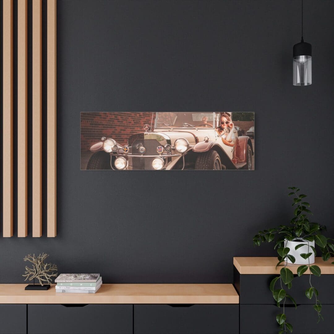 Modern living room with dark walls and wooden accents.