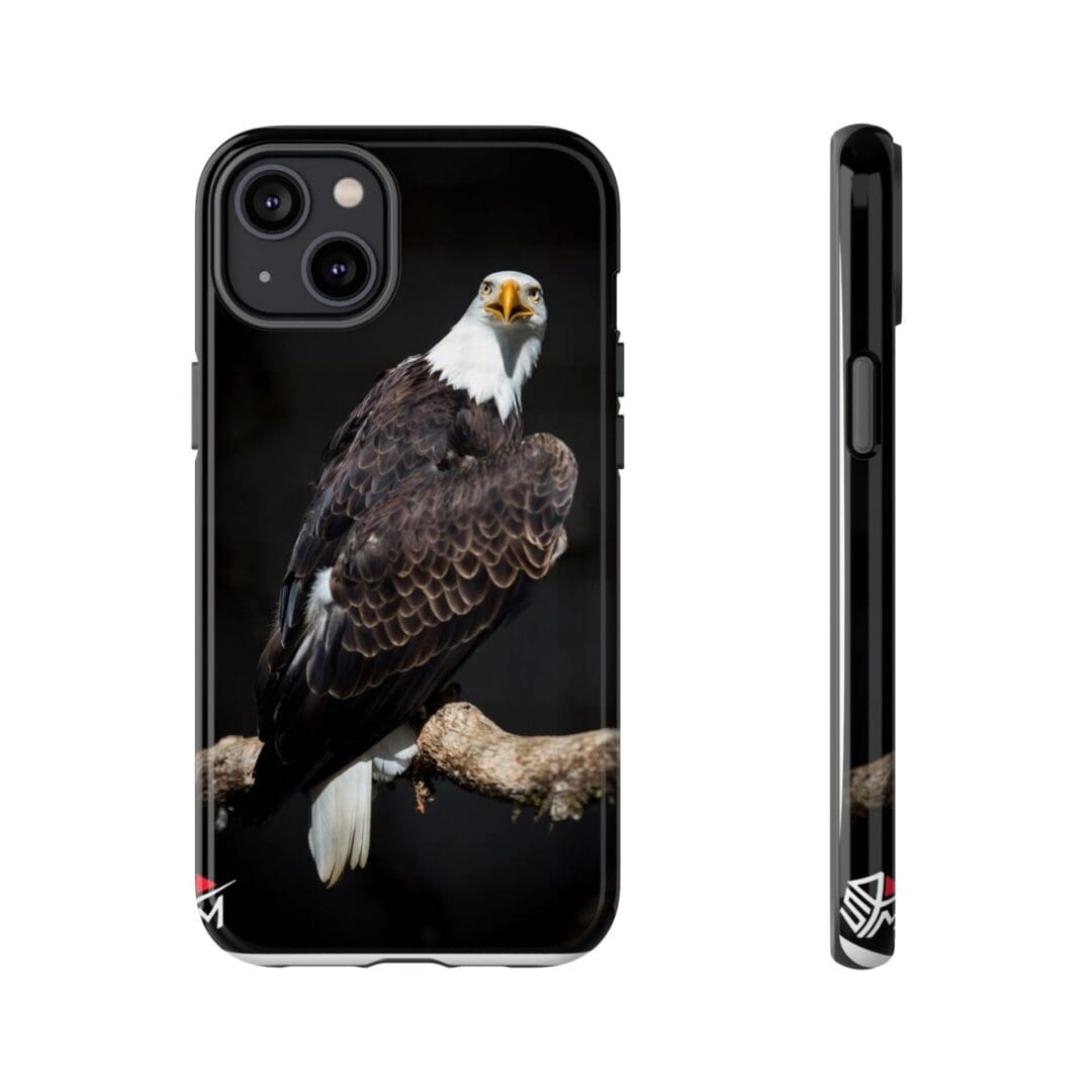 Phone case featuring a detailed bald eagle perched on a branch.