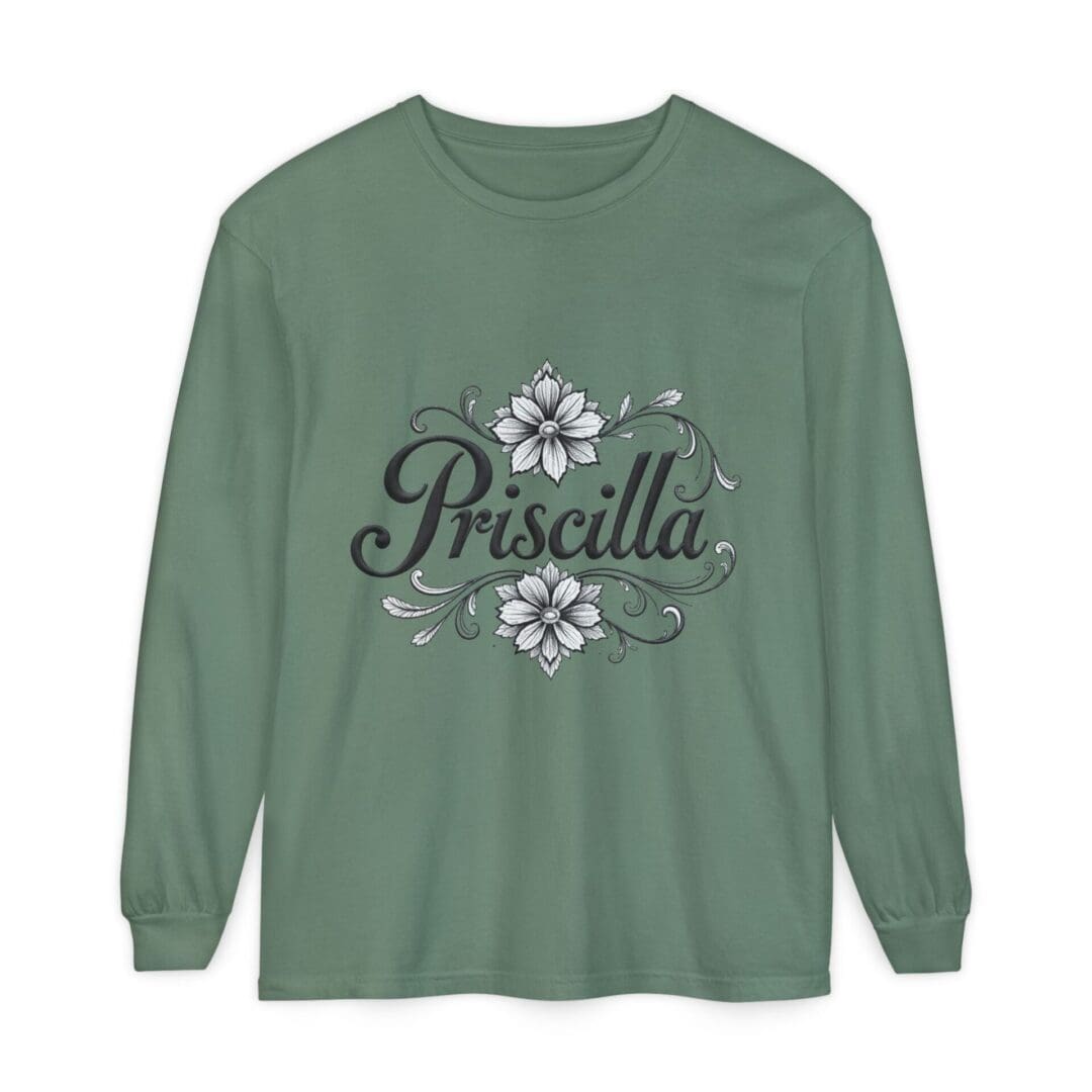 Green long-sleeve shirt with 'Priscilla' text and floral design.