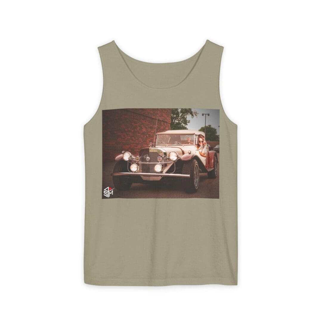Sleeveless tank top with a vintage car graphic on the front.