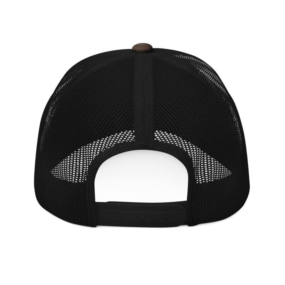 Rear view of a black mesh baseball cap with adjustable strap.