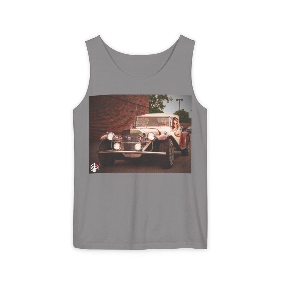 Gray tank top featuring a vintage car image with warm lighting.