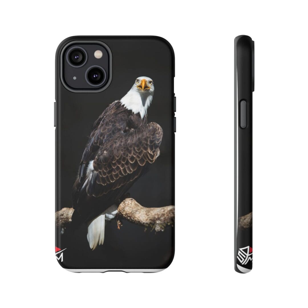 Black phone case with a detailed eagle perched on a branch design.
