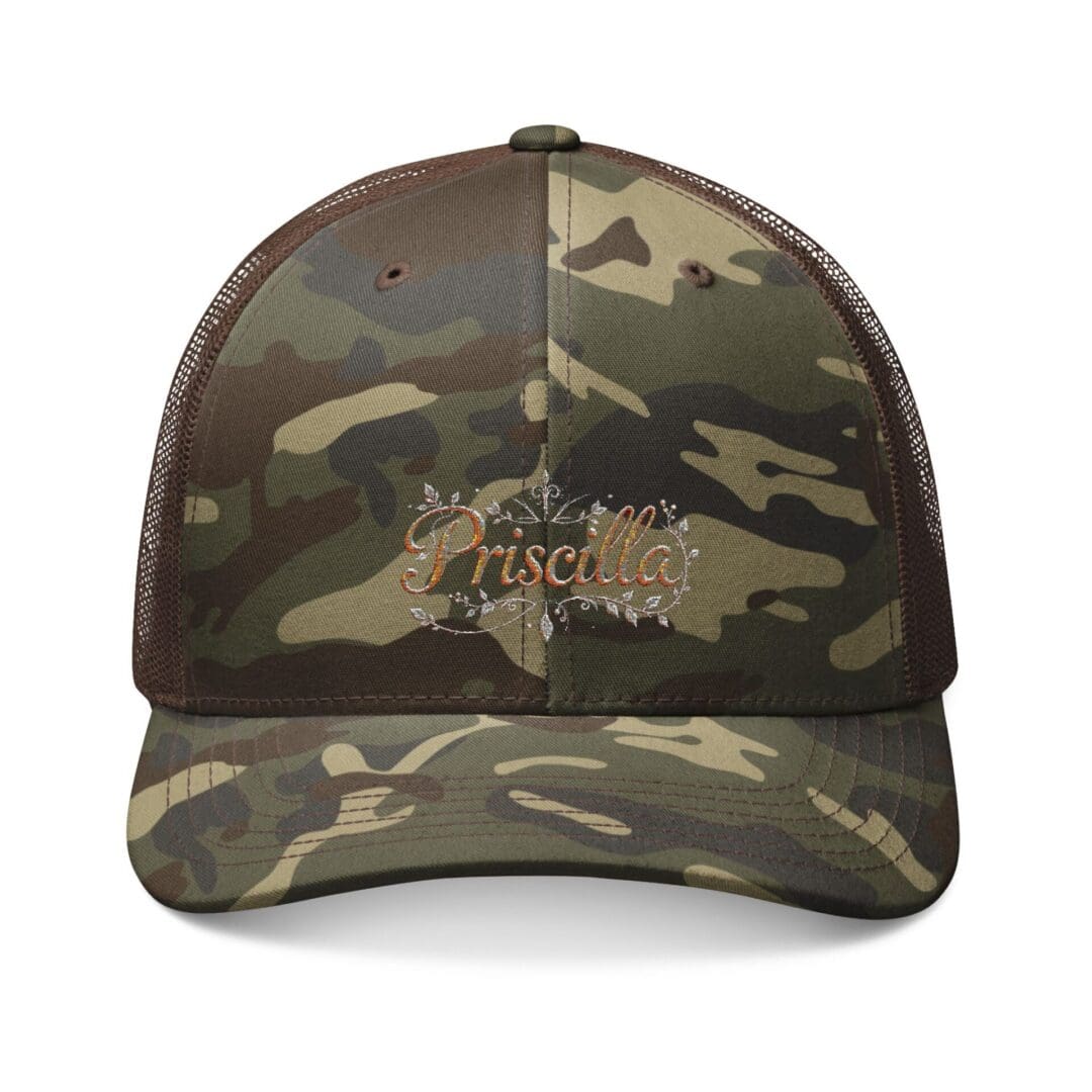 Camouflage baseball cap with embroidered logo on the front.