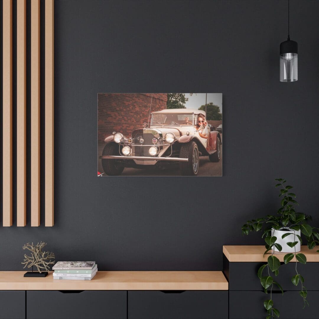 Vintage car photo in a modern, minimalistic room with dark walls and wooden accents.