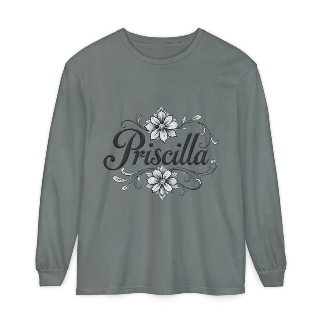 Green long-sleeve shirt with floral design and 'Priscilla' text.