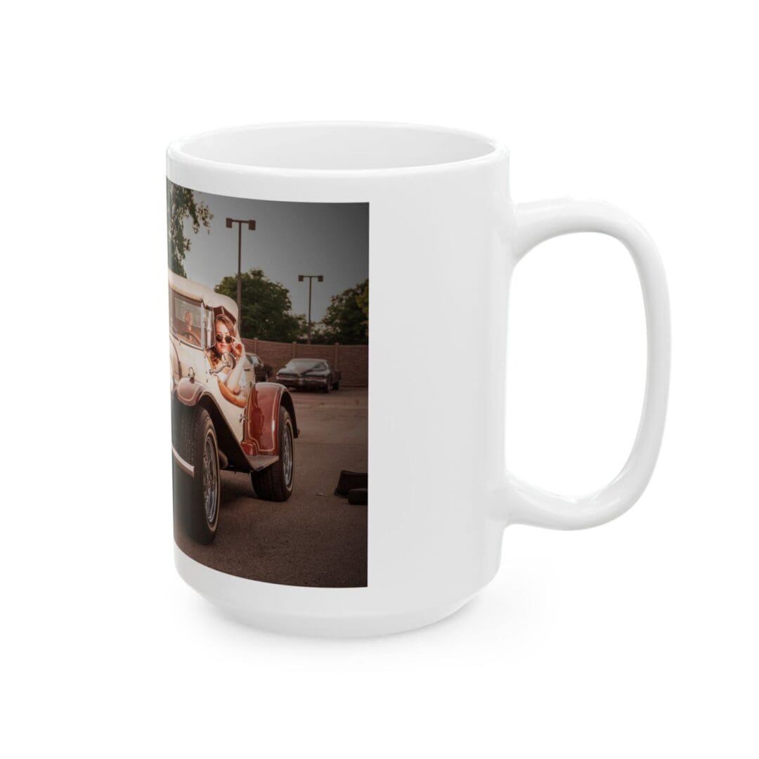 White mug featuring a photo of a person sitting outdoors on a bench.