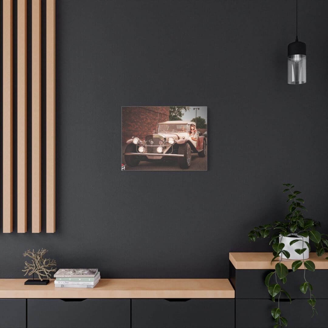 Modern black wall with art, plants, and minimalist furniture.