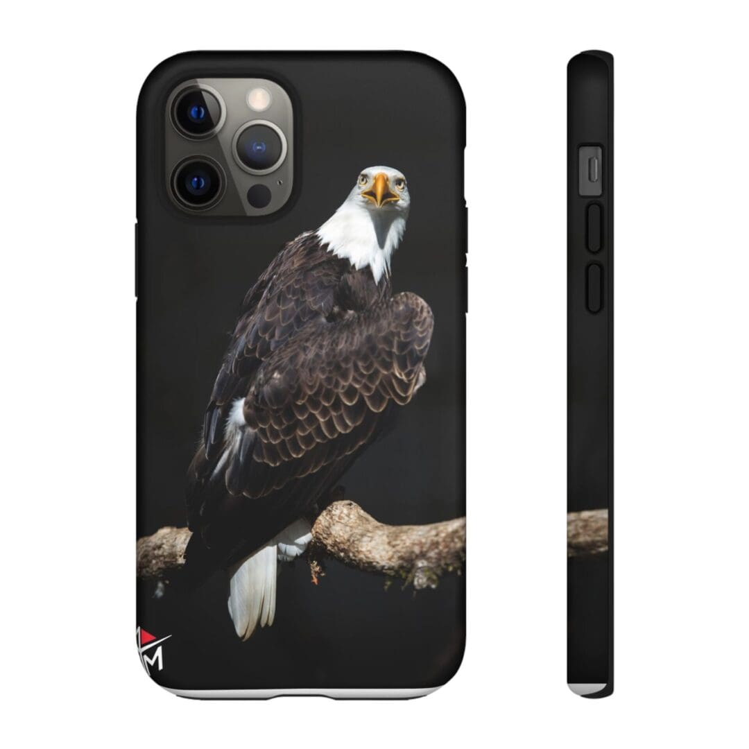 Phone case featuring a detailed eagle perched on a branch.