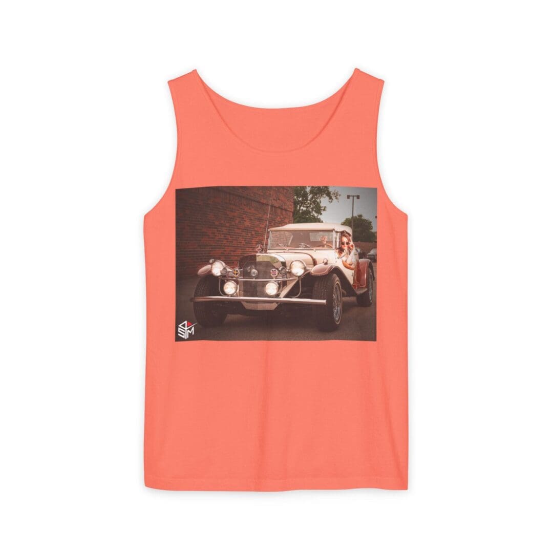 Coral tank top with a vintage car graphic on the chest.