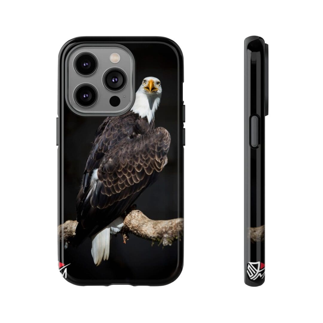 Phone case featuring a detailed bald eagle design on a black background.