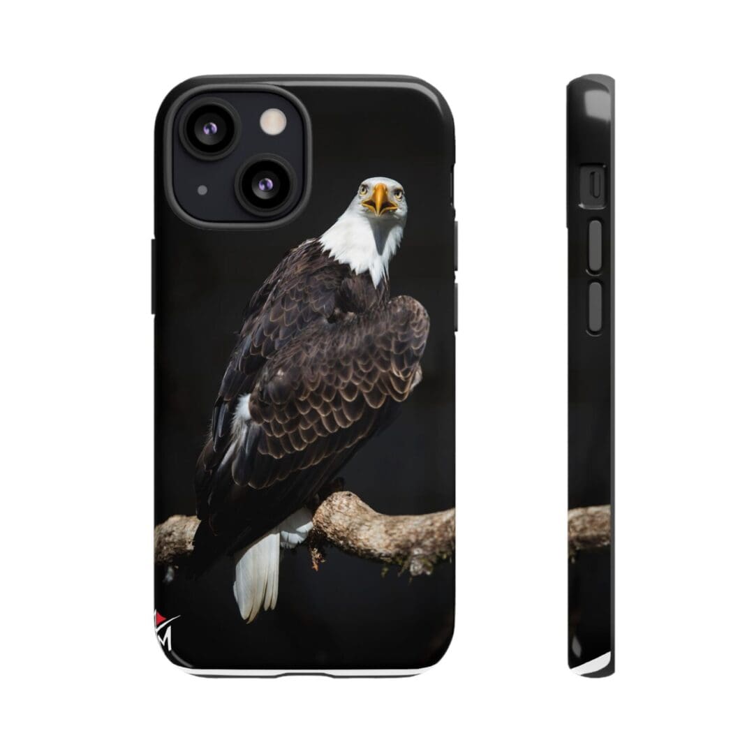 Phone case featuring a detailed bald eagle perched on a branch.
