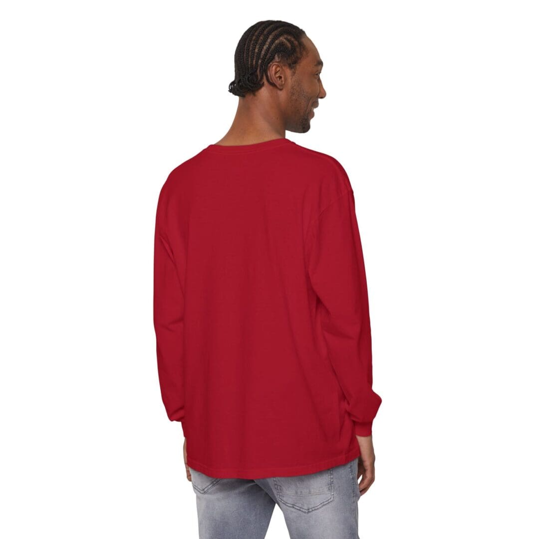 Man wearing a loose red long-sleeve shirt, viewed from the back.