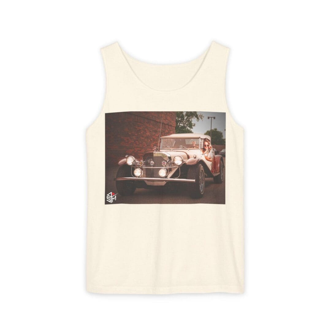 Cream tank top with a vintage car graphic print.