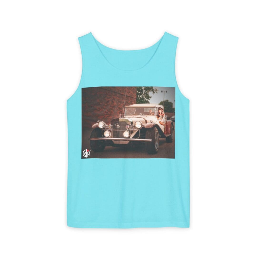 Light blue tank top with a vintage car graphic on the front.