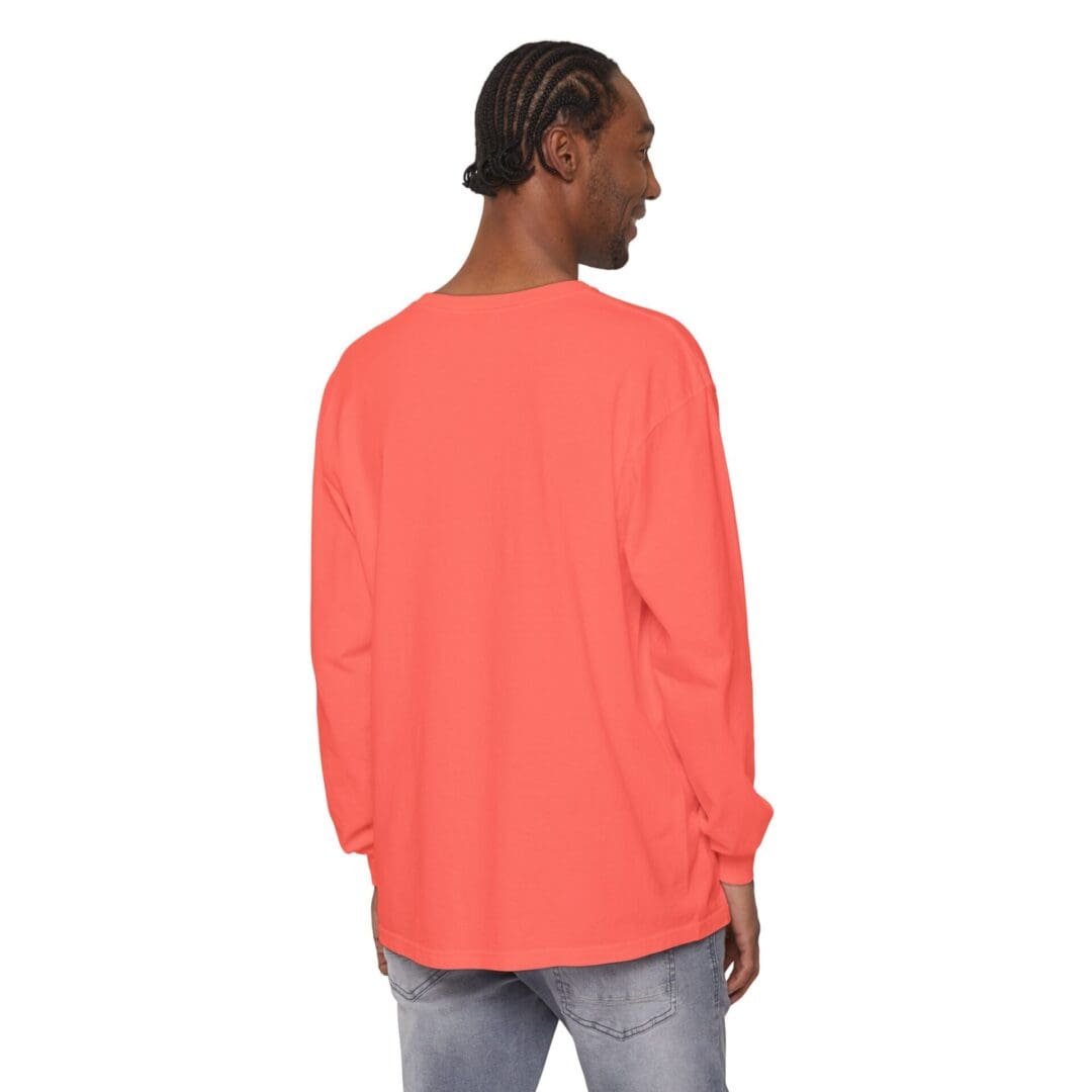 Man wearing a coral long-sleeve shirt, viewed from the back.