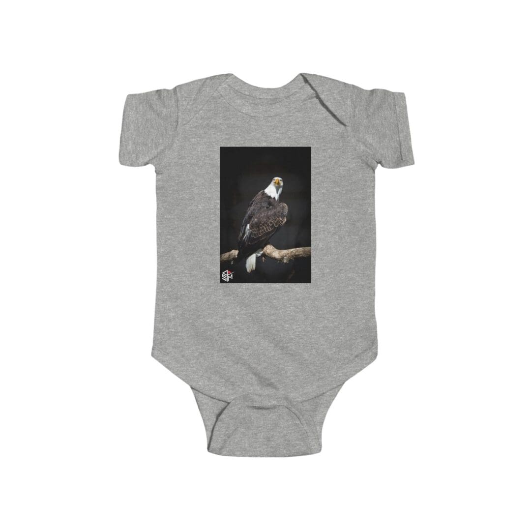 Gray baby onesie with a dark-themed graphic on the front.