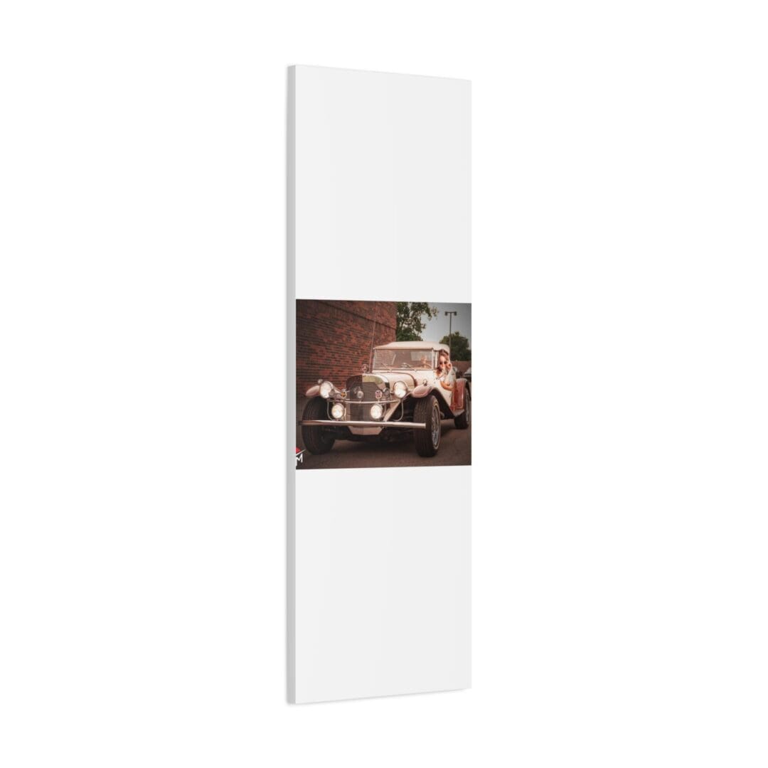 Tall white cabinet with a horizontal photo insert in the middle.