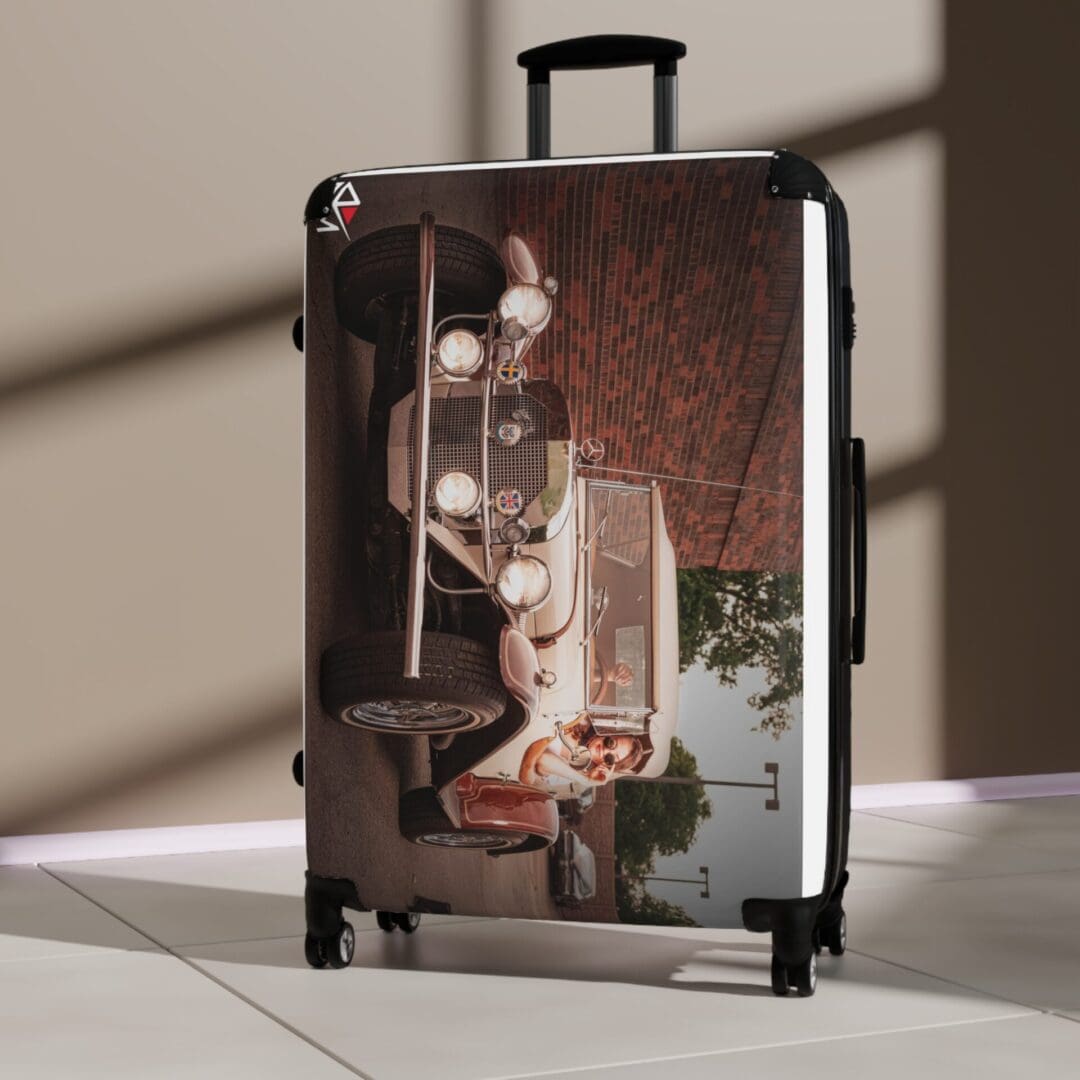 A vintage-style suitcase with a nostalgic image of a woman and a dog.