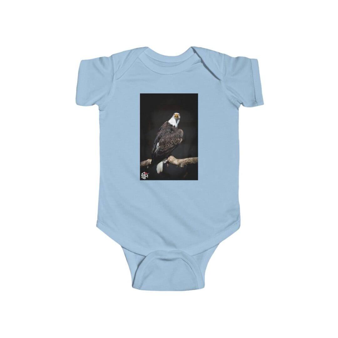 Light blue baby onesie with a black and white photo print on the front.