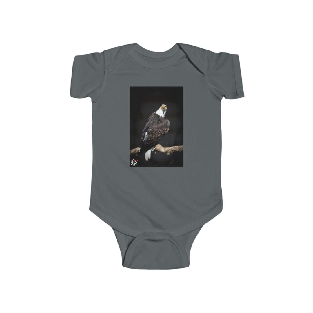 Dark gray baby onesie with a vintage black-and-white photo print.
