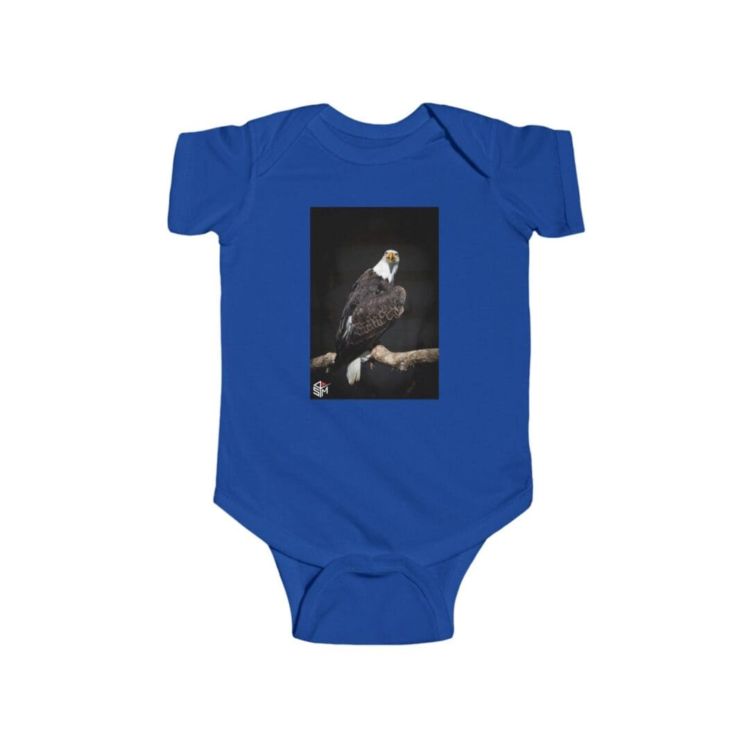 Blue baby onesie with a black-and-white musician print.