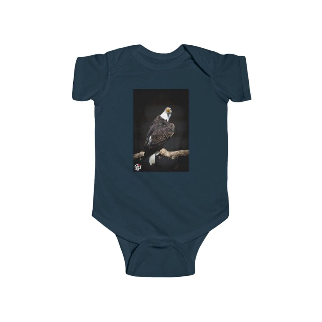 Dark blue baby onesie with a black and white artistic photo print.